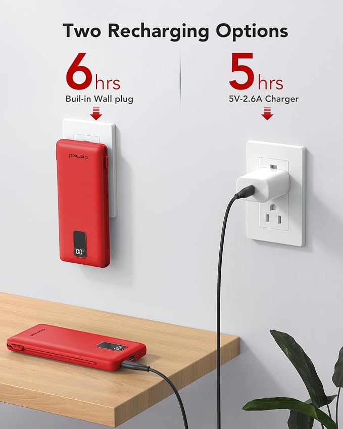 charmast Portable Charger with Built-in Cables and Plug, 10000mAh USB C Power Bank Fast Charging, External Battery Pack Slim, Travel Essentials Compatible with iPhones, Samsung Galaxy, iPad - Image 4