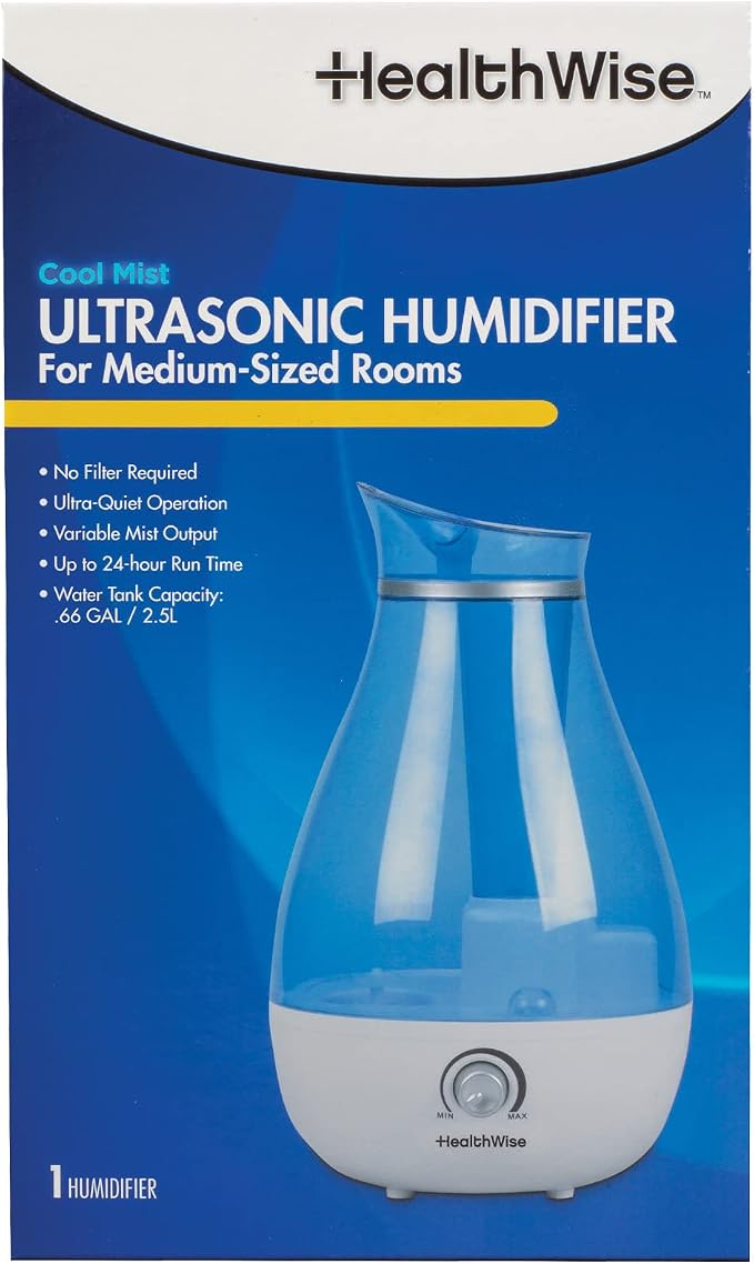 HealthWise Cool Mist Ultrasonic Humidifier | For Medium Size Rooms | No Filter Required | 24 Hour Run Time, Blue, 2.6L - Image 2