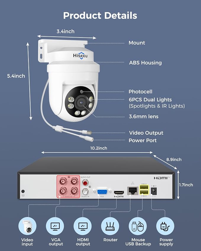 Hiseeu 360°View PTZ Wired Security Camera System, 4ch 5MP DVR, Person/Vehicle - Image 8