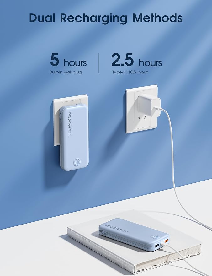 Nusyddy Portable Charger, 10000mAh PD20W Fast Charging Power Bank with Built-in Cables & Wall Plug, Travel Essentials External Battery Pack, USB C Battery Phone Charger for iPhone, Samsung Light Blue - Image 7