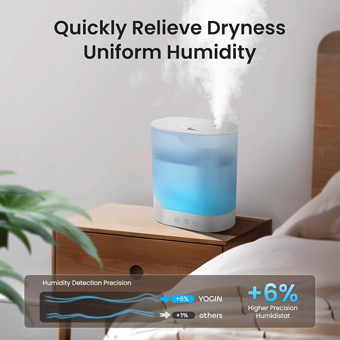 YOGIN Air Humidifier for Bedroom, 3L Top-Fill Cool Mist Humidifier & Essential Oil Diffuser, Ultra-Quiet <24dB, Smart Humidity Control, Up to 40H Runtime - Image 7