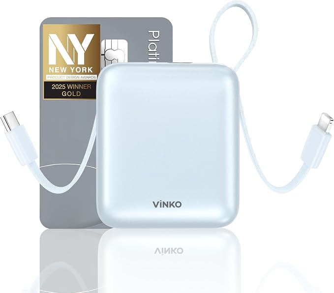VINKO Portable Charger with Built-in Cable, 10000mAh 22.5W Fast Charging USB C Battery Bank, Cell Phone Power Bank for iPhone 16 15 14 Samsung Galaxy S24 S23 Series Android Tablet (Blue) by VINKOPocketPowerBank