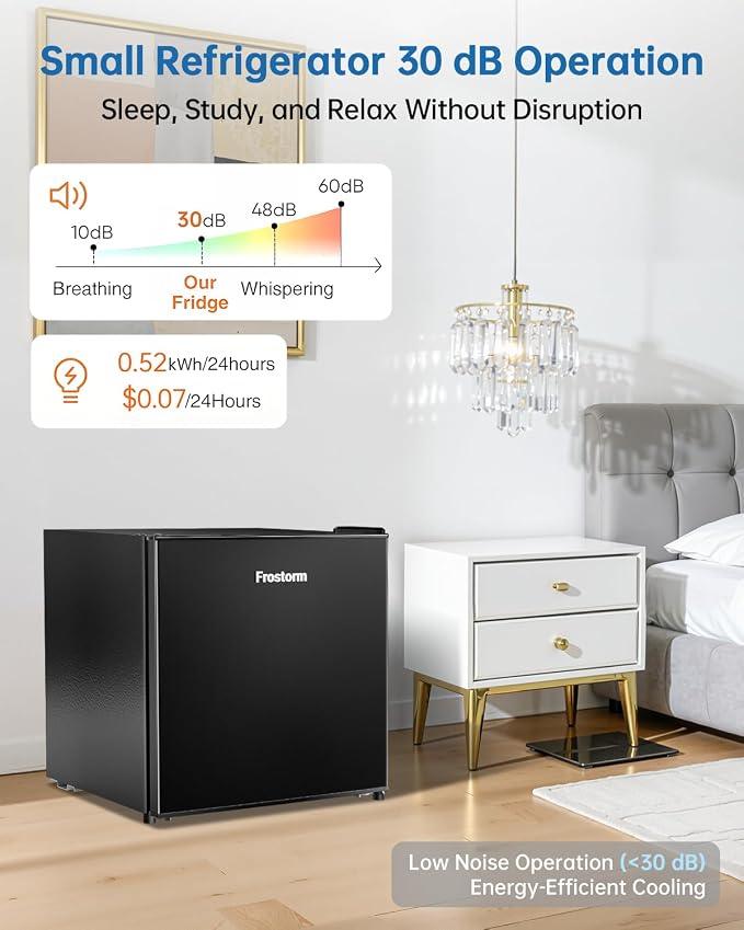 1.6 Cu Ft Mini Fridge with Freezer, Single Door Upright Freezer | 30dB Ultra Quiet, Adjustable Thermostat, Reversible Door, ETL Certified, Mini Fridge for Bedroom, Dorm & Office, Black - Image 4
