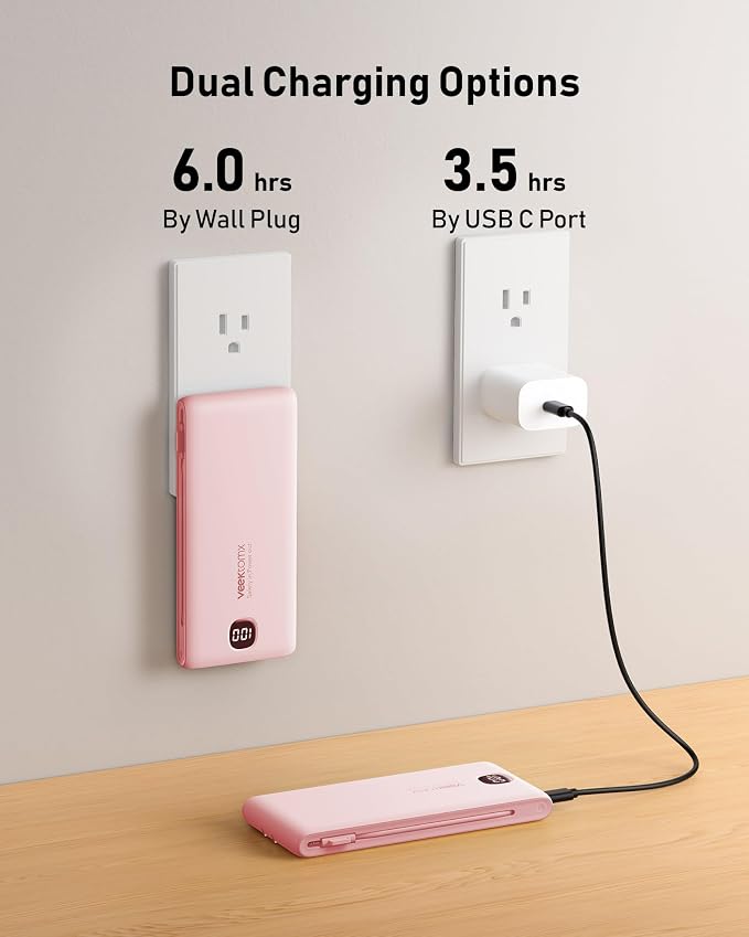Portable Charger Power Bank Built in Cables and Wall Plug, 10000mAh iPhone Battery Pack Fast Charging, USB C External Slim Power Bank, Travel Essentials Compatible with iPhone 16 15 14 13 iPad, Pink - Image 5