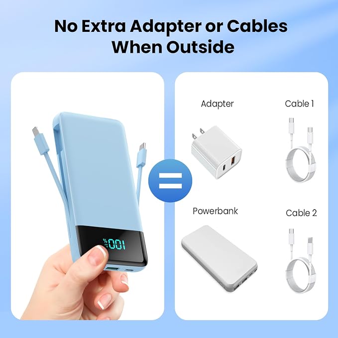 Portable Charger for iPhone,13800mAh Slim Power Bank with Built-in Cables & AC Wall Plug,All in One 4 Outputs USB C Fast Charging Battery Pack Travel Essential for iPhone 17/16/15/14,Android(Sky Blue) - Image 3