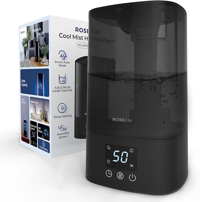 Automatic Humidifiers for Bedroom Large Room, 4.5L Cool Mist Humidifier for Home & Plant with Timer & Humidity Sensor, Last Up to 18H on High Setting, Auto Shut-Off, 360° Nozzle (Black) - Image 8
