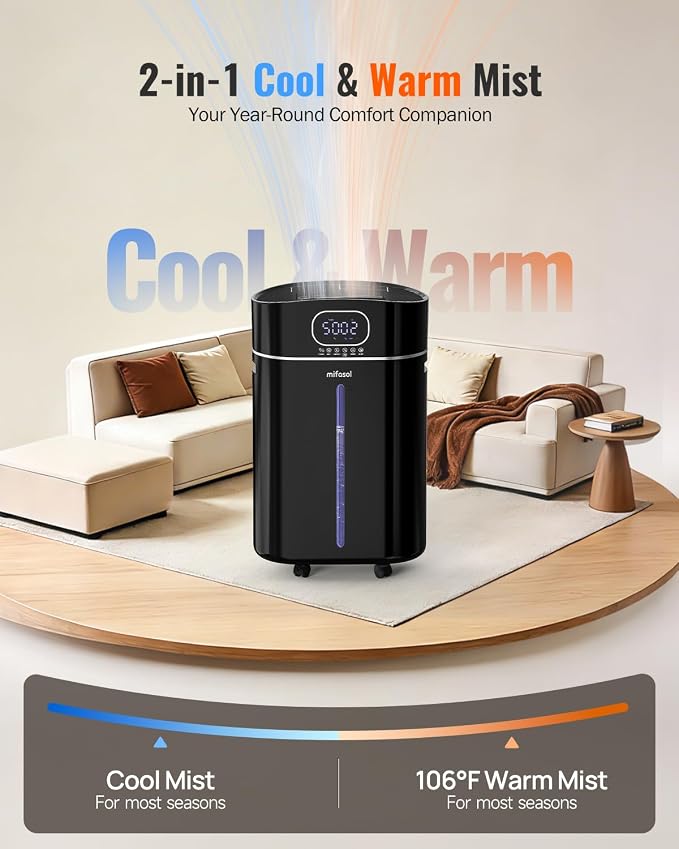 4.2Gal/16L Cool and Warm Mist Humidifier Large Room, Auto Restart Humidifiers for Home 1500 sqft, Air Humidifiers for Bedroom with Diffuser & Flame Light, Whole House Humidifiers for Baby Plant, Black - Image 2