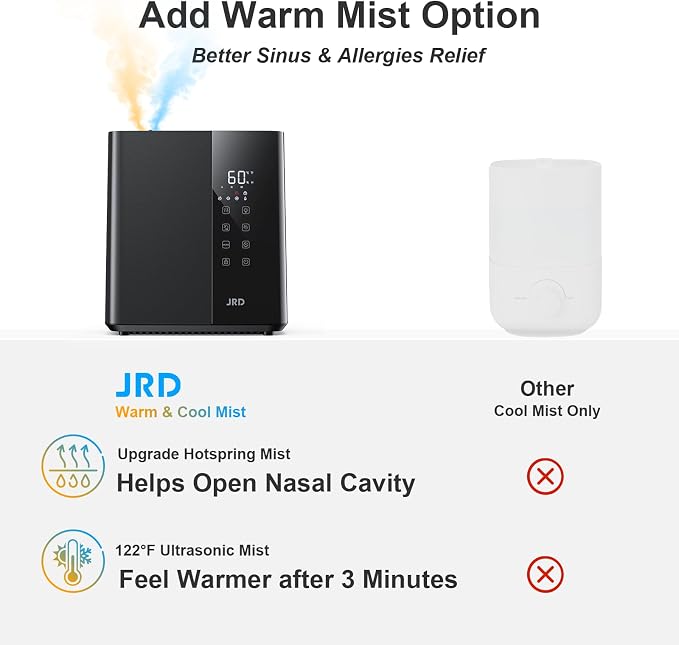 JRD Warm & Cool Mist Humidifiers for Bedroom 5L, Quiet Ultrasonic Air Humidifier Fast Symptom Relief, 50H Runtime, Oil Diffuser, 12H Timer, 7 Color Light for Large Room, Office, Baby, Plants-Black - Image 2