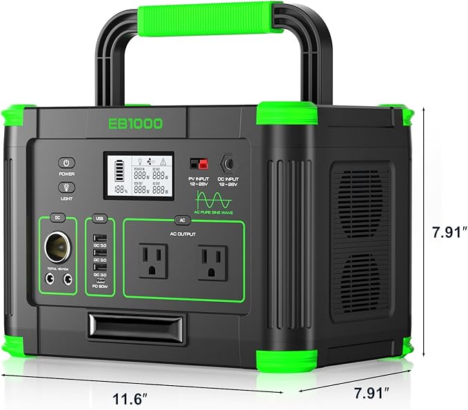 Portable Power Station 1000W (Peak 2000W), 999Wh Solar Generator, 110V Pure Sine Wave AC Outlet with PD 60W USB-C Fast Charging, Outdoor Camping RV Van Home Backup Off-Grid Living - Image 10