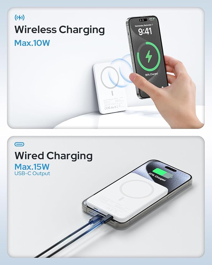 TRKOY for Magsafe Portable Charger, 5000mAh Wireless Magnetic Power Bank with USB C Charging,Travel Essential for Magsafe Battery Pack Compatible with iPhone 17/16/15/14/13/12 Series, Snow White - Image 5