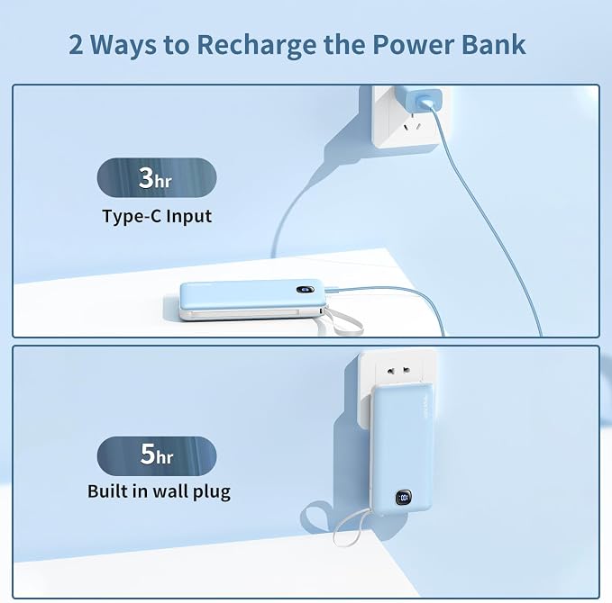penaover Portable Charger with Built-in Cables&AC Wall Plug,Slim 10000mAh 22.5W Fast Charging Power Bank,5 Output 2 Input USB-C External Battery Pack Compatible with iPhones,Samsung,Android, etc - Image 5