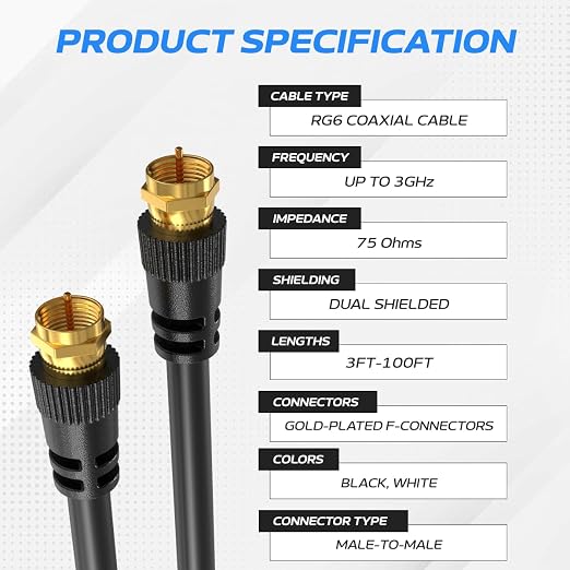 Cables Direct Online Pack of 10 x Coaxial Cables 100FT Black Coax RG6 Male F - Image 2