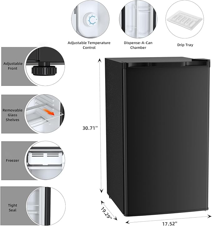 Antarctic Star Mini Compact Refrigerator with Freezer, 3.2 Cu.Ft. Single Door with Adjustable Thermostat,Removable Glass Shelves for Apartment/Dorm/Office,BLACK - Image 3