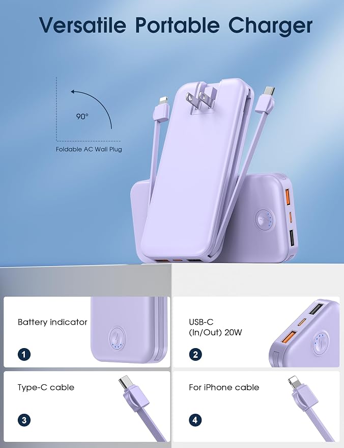 Nusyddy Portable Charger, 10000mAh PD20W Fast Charging Power Bank with Built-in Cables & Wall Plug, Travel Essential External Battery Pack, USB C Battery Phone Charger for iPhone, iPad, Samsung Purple - Image 3