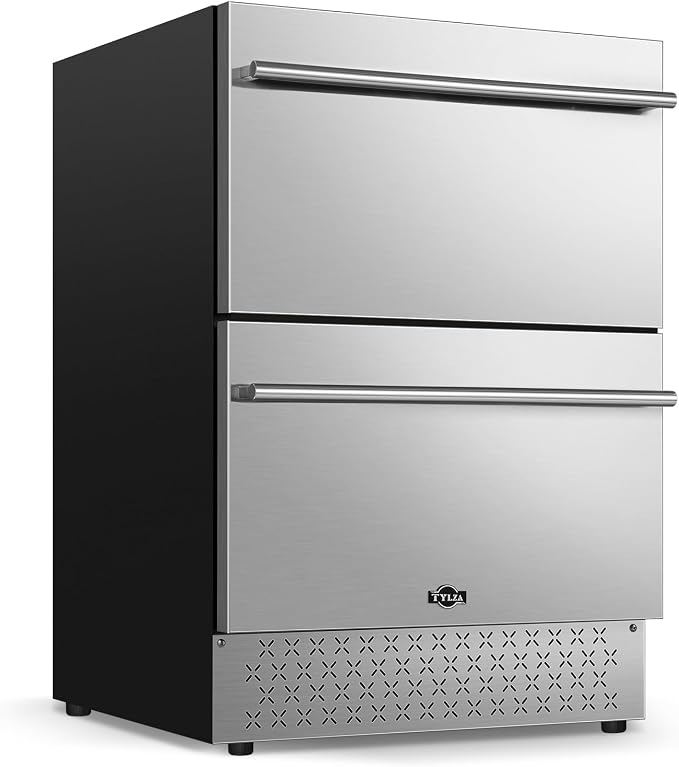 24" Drawer Beverage Fridge 145 Can Stainless Quiet | Fast cool, <38dB, undercounter/free, 37-65°F, stainless IPX4 by TYLZA