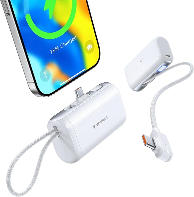 TORRAS iPhone 16 Portable Charger, 5000mAh 22.5W Power Bank with Built-in USB-C Cable, Fast Charge Battery Pack for iPhone 17/16/15, Galaxy S25, Google for Travel Outdoor Hiking Backup Battery, White by TORRAS