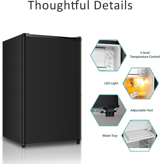 Seaoola Mini Fridge with Freezer, Single Door 4.4 Cu.Ft, Compact Mini Refrigerator, LED Light, Adjustable Thermostat, Removable Glass Shelves, Small Refrigerator for Dorm/Office/Bedroom(Black) - Image 3