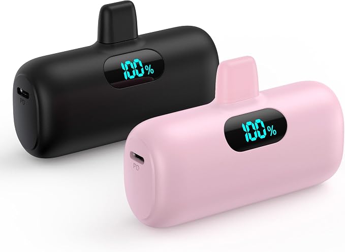 [2 Pack] Small Portable Charger for iPhone14/13, 5000mAh PD Fast Charging Power Bank, LCD Display Cute Mini Battery Pack Compatible with iPhone 14/14 Pro Max/13/13 Pro/12 Pro/11/XR/X/8-Black+Pink by Feob