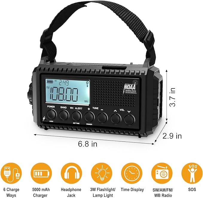 Raynic NOAA Weather Radio, 5000mAh/18500mWh Solar Hand Crank Emergency Radio - Image 6