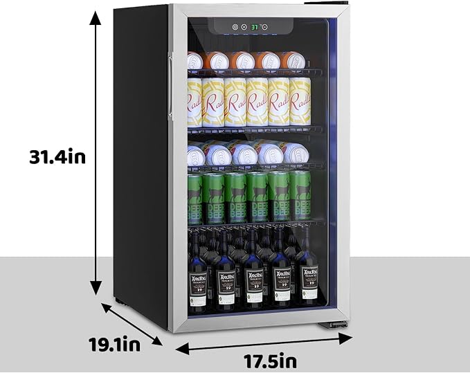 126 Can Mini Fridge, 3.2 Cu.Ft Beverage Refrigerator Glass Door | Stainless Steel Compact Drink Cooler with Reversible Door for Soda Wine Beer, Small Fridge for Home Office Bar (40-61 ℉) - Image 3