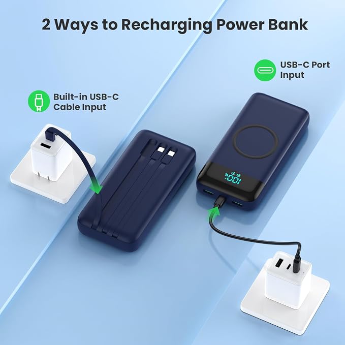 YHO Wireless Portable Charger 40800mAh for iPhone with Built-in Cables,15W Wireless Charging USB C Power Bank,25W PD Fast Charging Travel Essential Battery Pack for iPhone 17/16/15/14-Dark Blue - Image 4