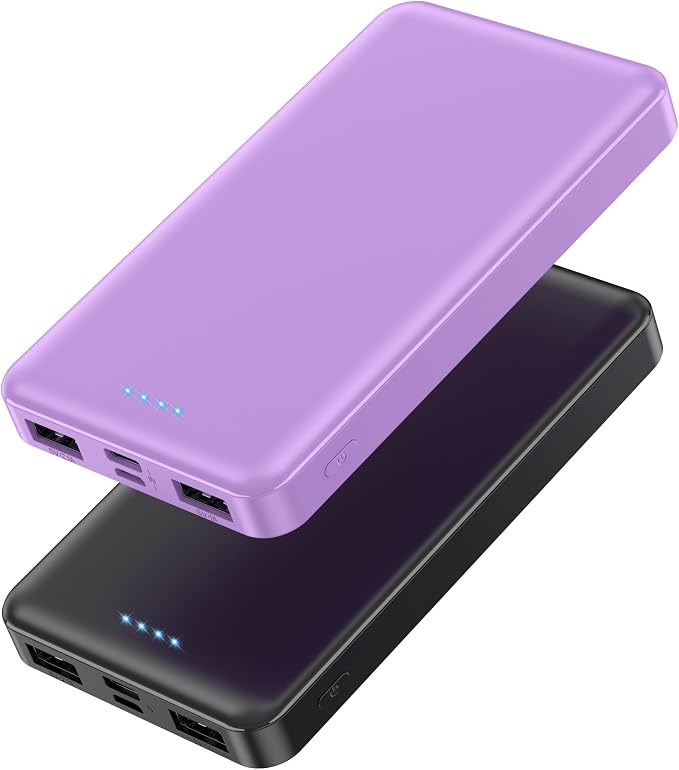 [2 Pack] Portable Charger Power Bank 10000mAh,Ultra Slim Compact External Battery Pack with USB C Input & Dual USB Outputs Backup Charger Compatible with iPhone 14,13, Samsung S20,Tablet-Black+Purple by AONIMI