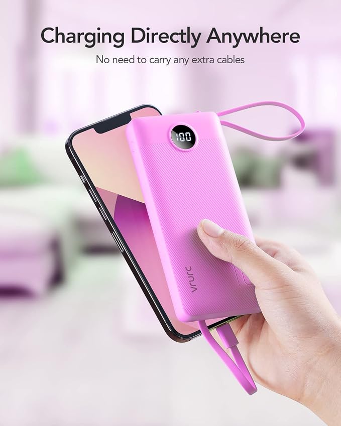 VRURC Portable Charger 10000mAh, Travel Essentials Battery Pack, 5 Output 2 Input Power Bank, Built-in Micro & USB C Cables Phone Charger for iPhone 17 Pro 17 16 15 14 13,Android-Purple(1 Pack) - Image 7