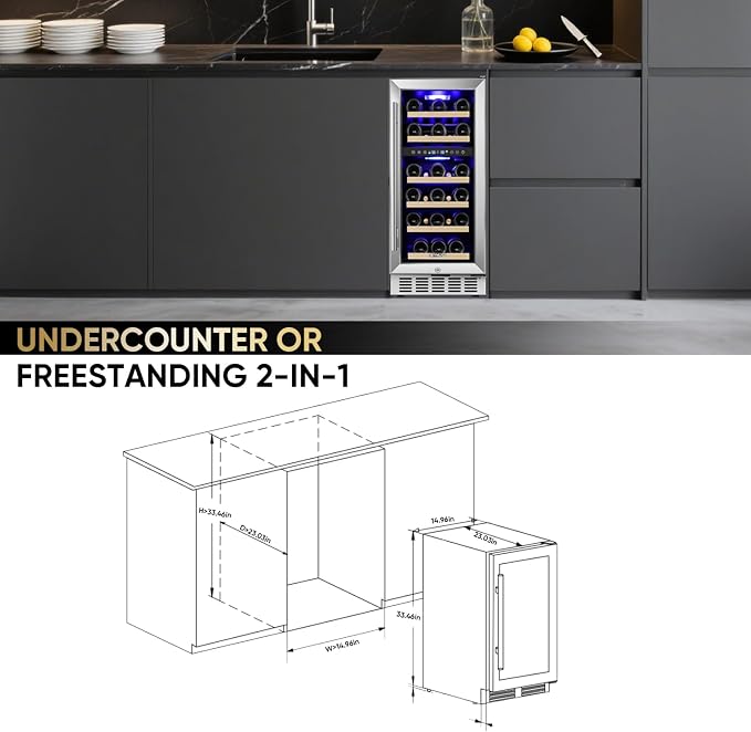 15 Inch Wine Cooler Under Counter, 30 Bottle Dual Zone Wine Fridge with Stainless Steel Glass Door, Built-In or Freestanding Wine Cellar with Digital Temperature Control for Home, Kitchen, or Office - Image 5