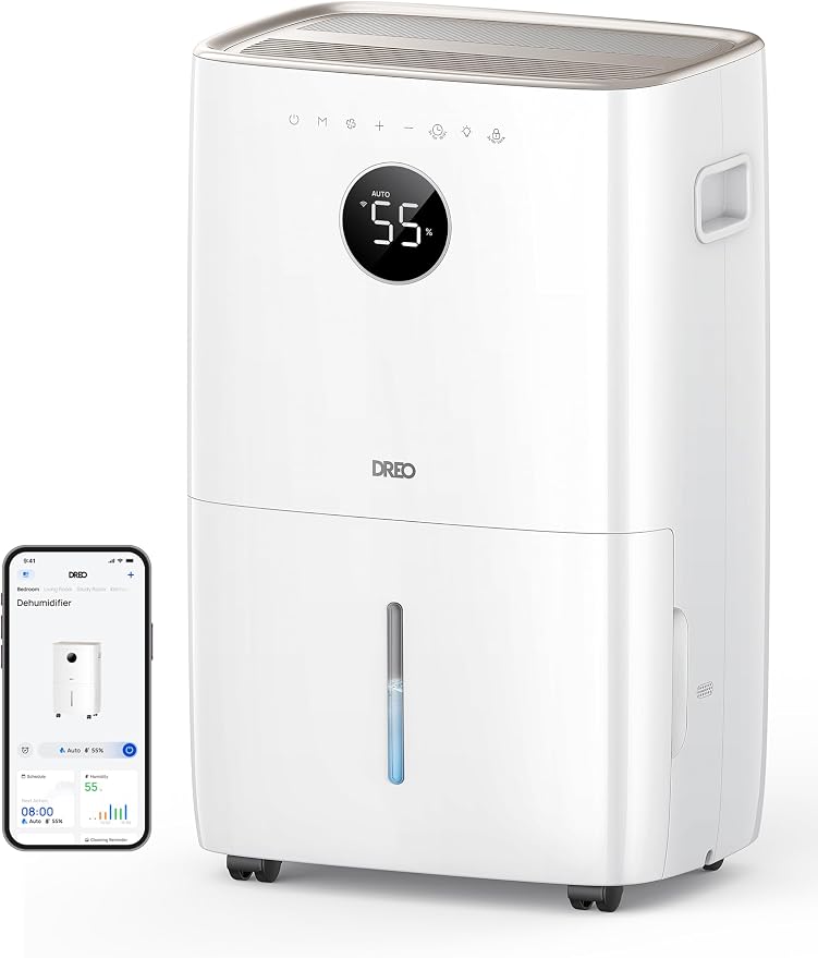 DREO 110-Pint Smart Dehumidifier for Basement, 4500 Ft² for Large Room, 2 Gallon Water Tank, Auto/Comfort/Constant Mode Dehumidifiers for Home, Bedroom, Bathroom, with Drain Hose, Starlight, 711S by DREO