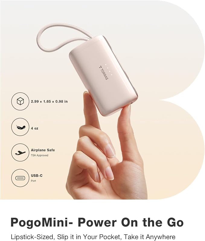 TORRAS 2-in-1 iPhone 16 Portable Charger, 5,000mAh 22.5W Mini Power Bank with Built-in USB-C Cable, Fast Charge Battery Pack, Travel Essential for iPhone 17/16/15, Galaxy S25, Google – Desert Titanium - Image 6