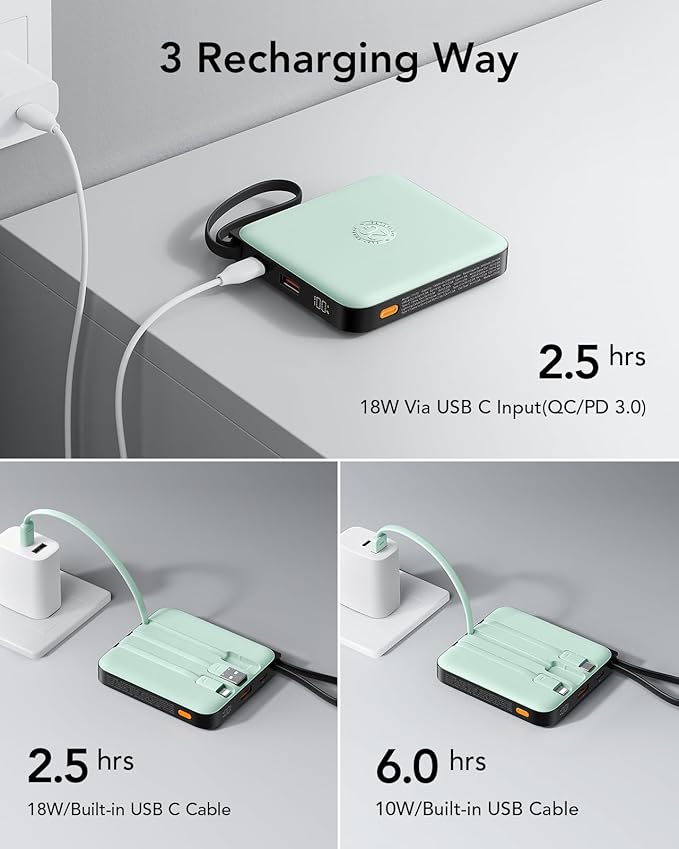 VRURC Portable Charger with Built-in Cable, 10000mAh 22.5W Fast Charging USB C Battery Pack, Cell Phone Power Bank for iPhone 17 16 15 Series Android Tablet (Green) - Image 8