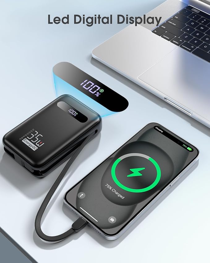 EnergyQC 20000mAh Portable Charger, 35W PD 3.0+QC 4.0 Fast Charging Power Bank with Built-in Lightning & USB-C in&Out Cables, Travel Battery Pack for iPhone 17/16/15/14, Samsung, iPad, Android, Black - Image 6