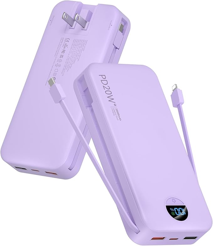 citicr Portable Charger Power Bank, 20000mAh PD20W USB C Fast Charging with Built-in Cables & Wall Plug, External Battery Pack with LED Display, Travel Essentials for iPhone, iPad, Samsung Purple by CITICR