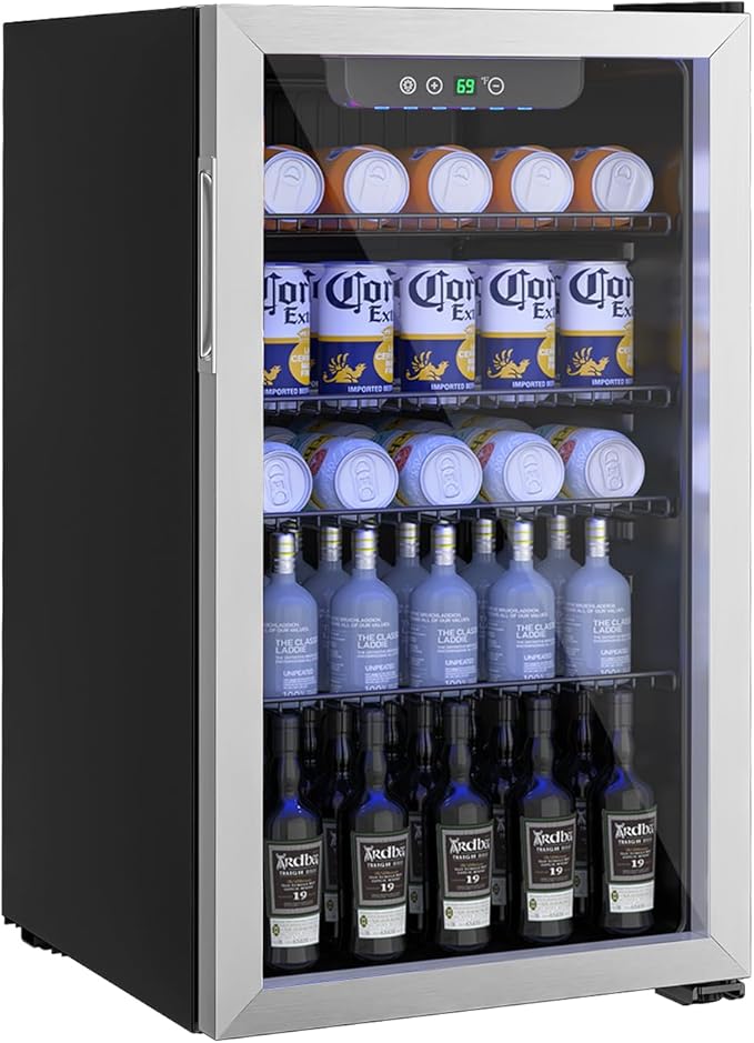 Erivess Beverage Refrigerator and Cooler, 110 Can/3.1 Cu Ft Mini Fridge with Glass Door, Adjustable Shelves for Soda,Bee,Wine, Free Standing Small Refrigerator, Digital Display, for Home, Bar, Office by Erivess