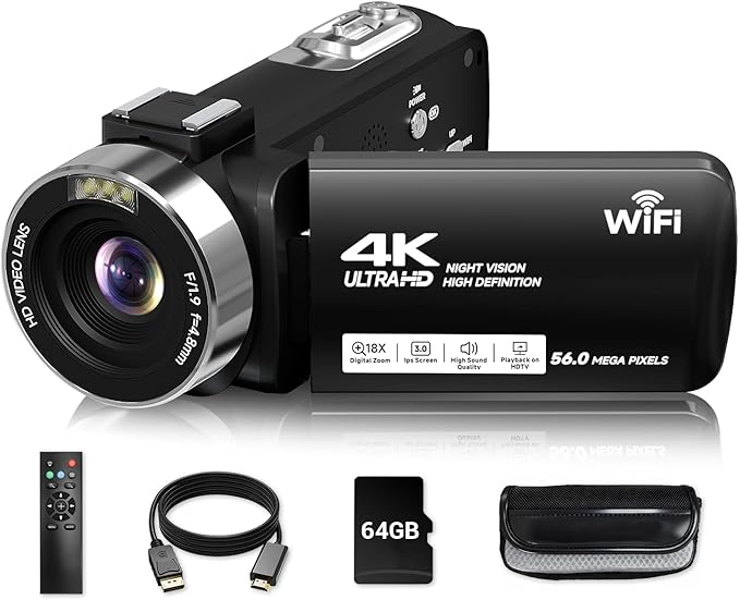 Video Camera, 4K Camcorder 56MP Digital Video Recorder 18X Zoom 3" 270° by SMARTKLIK