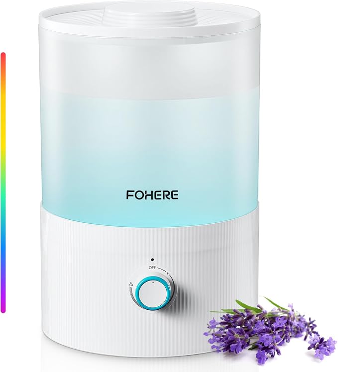 FOHERE Humidifier for Bedroom Baby, 3.2L Top Fill Cool Mist Humidifiers for Nursery, Home, 28H Ultra Quiet Runtime, Auto Shut-Off, Soft 7-Color Night Light, BPA-Free, Essential Oil Tray, White by HOME
