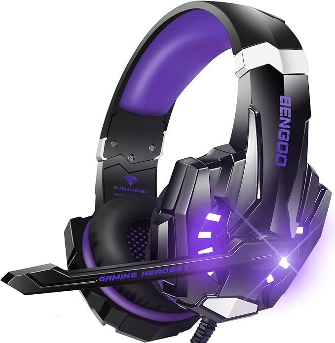 BENGOO G9000 Stereo Gaming Headset for PS5, PS4, PC, Xbox One Controller, Noise Cancelling Over Ear Headphones with Mic, LED Light, Bass Surround, Soft Memory Earmuffs - Purple by BENGOO