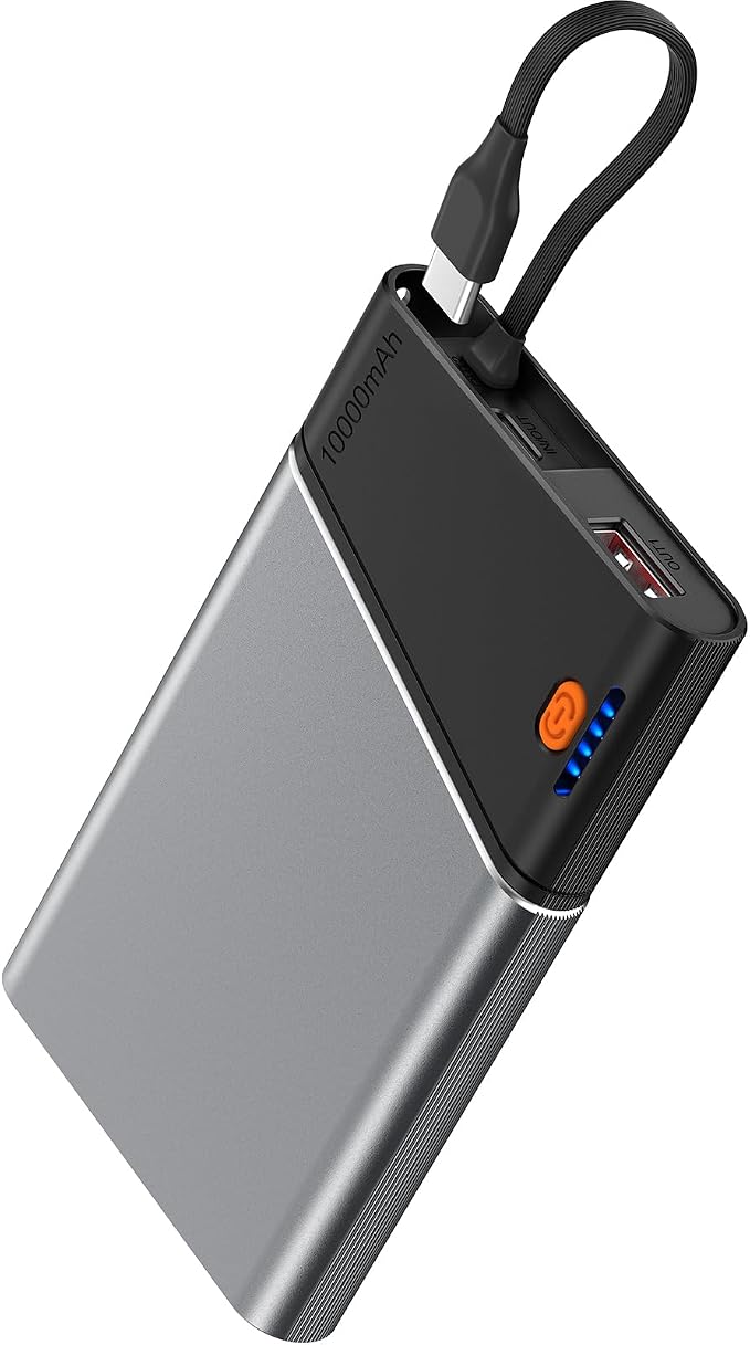Aaoyun Portable Charger Power Bank, 10000mAh 22.5W PD Fast Charging Powerbank with Built-in USB C Cable, Slim External Phone Battery Pack for iPhone 17/16/15 Samsung S24 Android etc (Grey) by Aaoyun