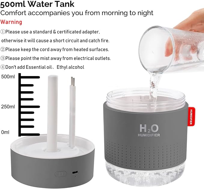 Portable Mini Cool Mist Humidifier, 500ml USB Personal Desktop Humidifier for Baby Bedroom Travel Office Home, Auto Shut-Off, 2 Mist Modes, Super Quiet, Gray - Image 5