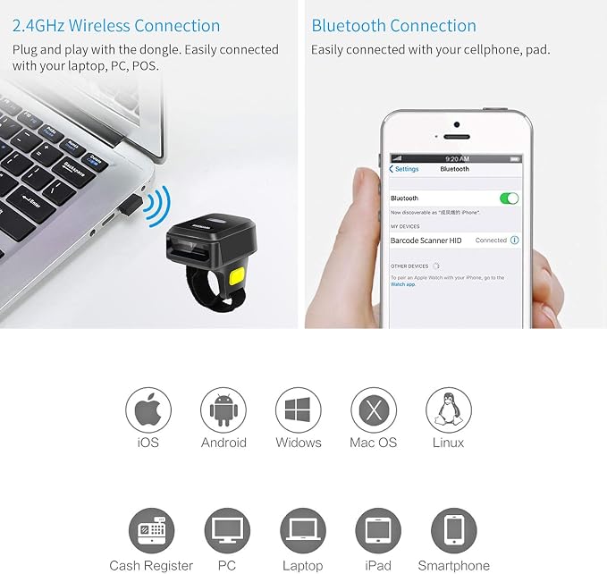 Portable Ring Bluetooth Barcode Scanner Wireless 2.4Ghz &USB Wired 3 in 1 - Image 4