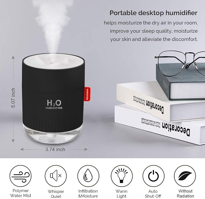 Portable Mini Cool Mist Humidifier, 500ml USB Personal Desktop Humidifier for Baby Bedroom Travel Office Home, Auto Shut-Off, 2 Mist Modes, Super Quiet (Black) - Image 2