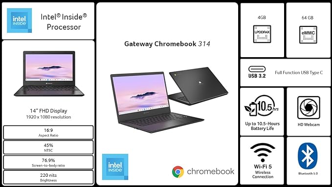 acer Gateway Chromebook 314 CBO314-1H-C476 Laptop | Intel Celeron N4500 | 14" Full HD (1920 x 1080) Display | 4GB LPDDR4X | 64GB eMMC | Wi-Fi 5 802.11ac | Chrome OS | Star Black - Image 6