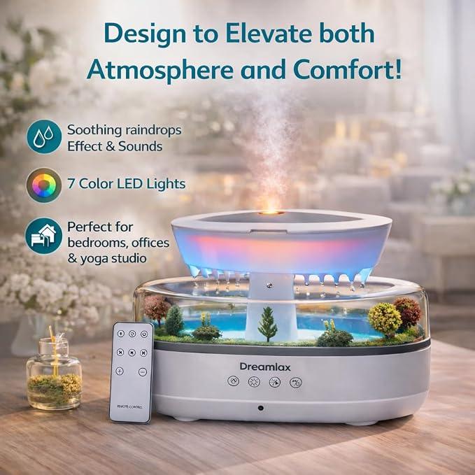 Dreamlax Rain Humidifiers for Bedroom – Cool Mist Essential Oil Diffuser, White Noise Machine with 10 Nature Sounds, 7 LED Lights, Remote Control & Decorative Raindrop Lamp - Image 6