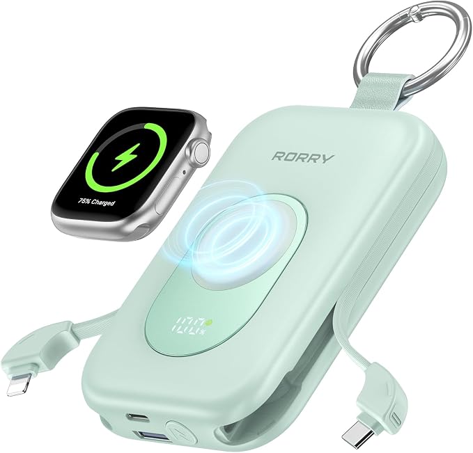 RORRY Portable Charger, 20000mAh PD 30W Portable Charger Power Bank with 2 Built-in Cables, Super Fast Charging Battery Pack with Keychain, Travel Essentials for iPhone, Apple Watch, iPad, Green by RORRY