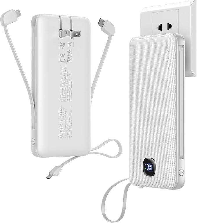 penaover Portable Charger with Built-in Cables&AC Wall Plug,Slim 10000mAh 22.5W Fast Charging Power Bank,5 Output 2 Input USB-C External Battery Pack Compatible with iPhones,Samsung,Android, etc by penaover