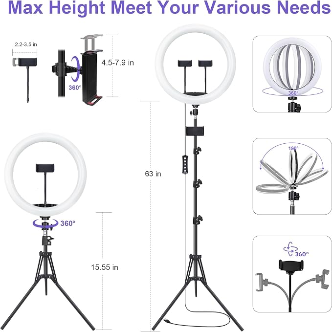 10" Selfie Ring Light with 73" Tripod Stand & 1 Phone Holder, LED Camera - Image 6