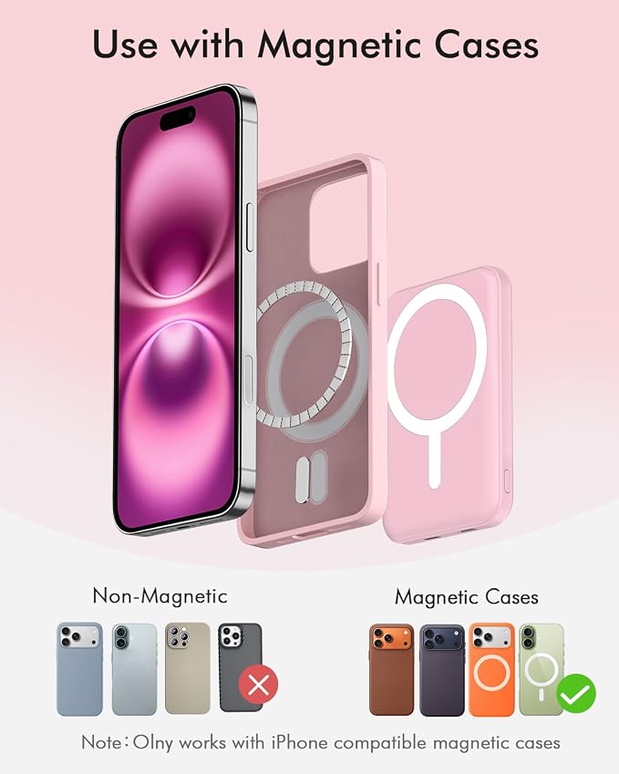 podoru for Magsafe Battery Pack, 5000mAh Magnetic Power Bank with Type-C Cable 20W PD Fast Charging Lighting Input Wireless Portable Charger for iPhone 17/16/15/14/13/12/ All Series-Pink - Image 2