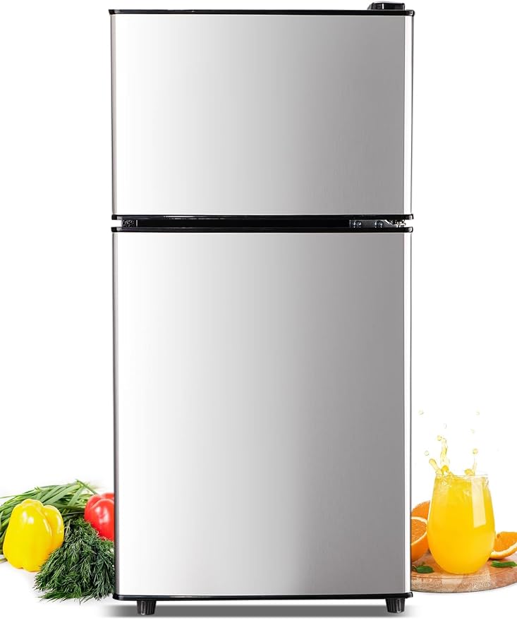 F.W.WOOLWORTHS 3.5 Cu.Ft Refrigerator with Freezer | Compact Fridge with 2 Doors for Office, Kitchen, Dorm and Bedroom, 7 Level Temp Adjustable Thermostat, Silver by FWWOOLWORTHS