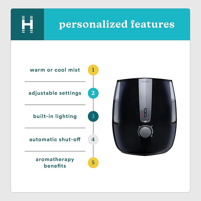 Homedics TotalComfort Plus Humidifier – Large Air Humidifiers for Bedroom, Plants – Top-Fill 5.3L Water Tank with Cool and Warm Mist, Essential Oil Pads, Colored Night-Light, Black - Image 3