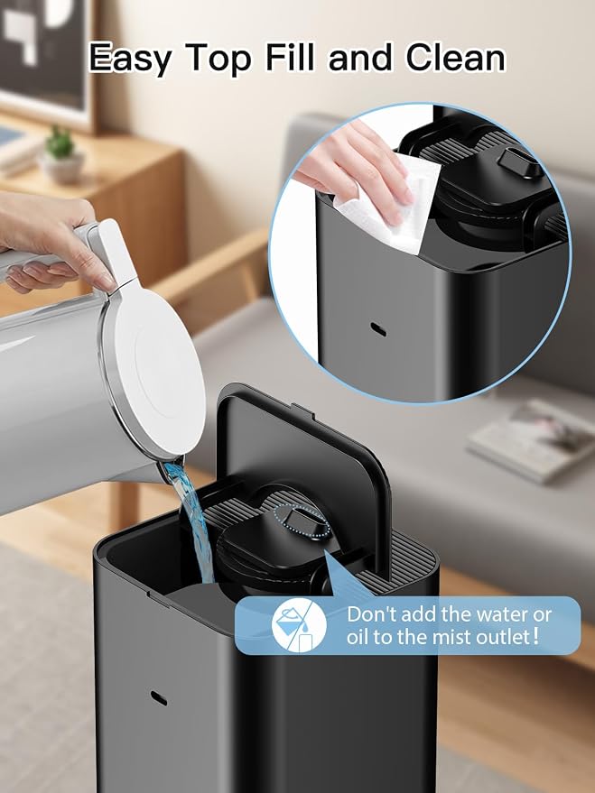 10L/2.64Gal Humidifier, Top Fill Quiet Ultrasonic Cool Mist Humidifiers for Bedroom, Covers 550ft², 60H Runtime, 24H Timer, 3 Mist Modes Humidifier Large Room, Home, Office, Plants, Black - Image 9